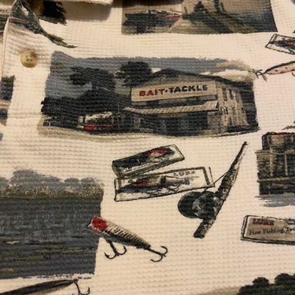VTG 90s Puritan Fishing Lure bait and tackle shop AOP cuffed polo tee shirt XL - Picture 2 of 4